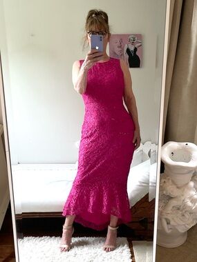 FUSCIA PINK LACE SLEEVELESS DRESS SEQUINS ZIPPER LINED STRETCH ENFOCUS STUDIO